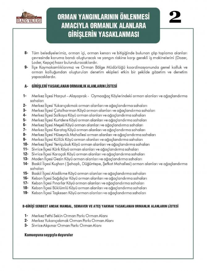 Elazığ’da Ormanlık Alanlara Girişler Yasaklandı