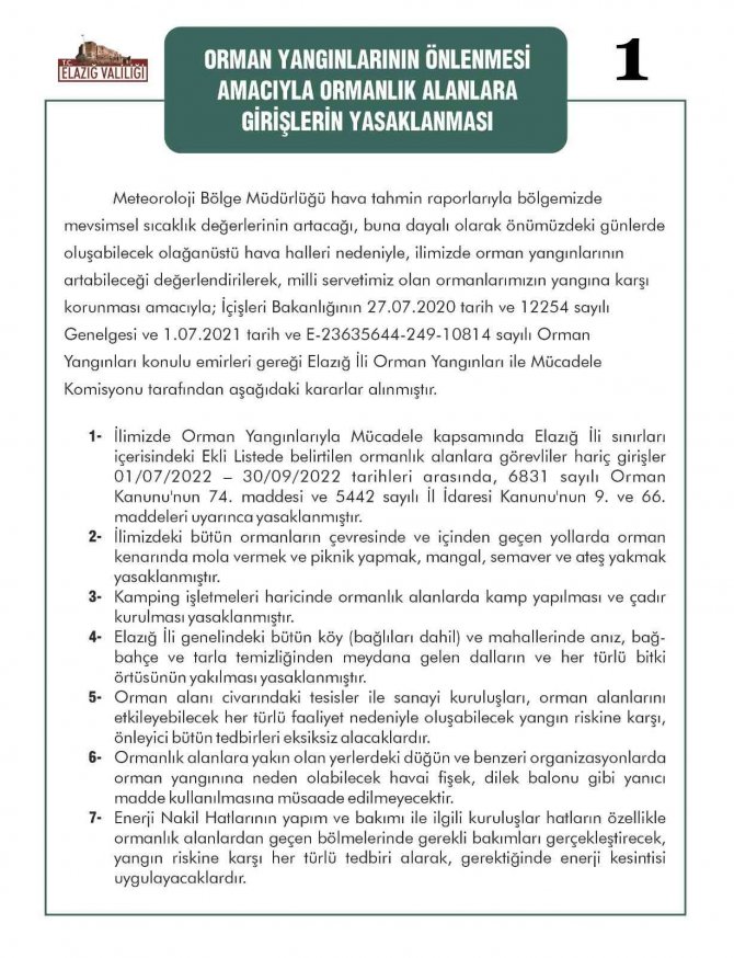 Elazığ’da Ormanlık Alanlara Girişler Yasaklandı