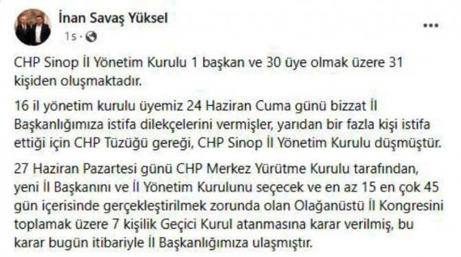 Chp Sinop İl Yönetiminde Toplu İstifa