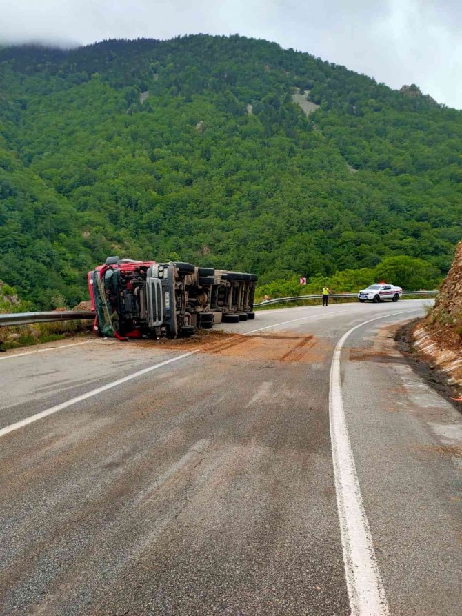 Ayçiçeği Küspesi Yüklü Tır Yan Yattı, Sürücü Yaralandı
