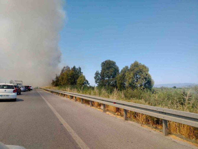 Yol Kenarında Çıkan Yangın, Sürücülere Zor Anlar Yaşattı
