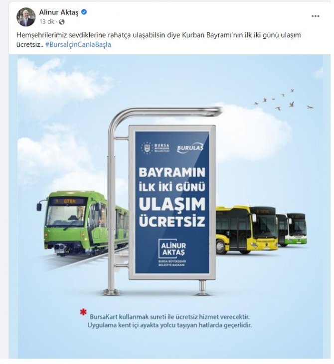 Bursa’da Bayramda Ulaşım İlk İki Gün Ücretsiz