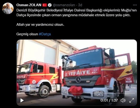 Denizli’den Datça’daki Yangına İtfaiye Sevk Edildi