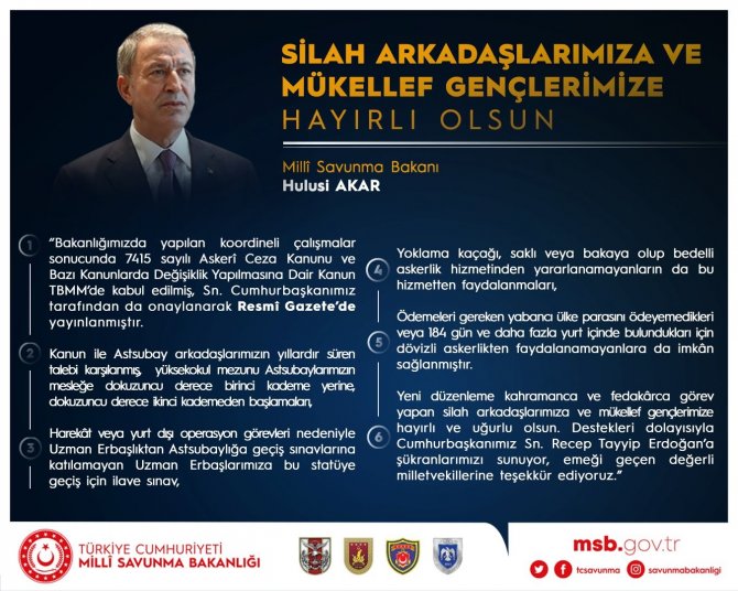 Millî Savunma Bakanı Hulusi Akar: "Silah Arkadaşlarımıza Ve Gençlerimize Hayırlı Olsun"