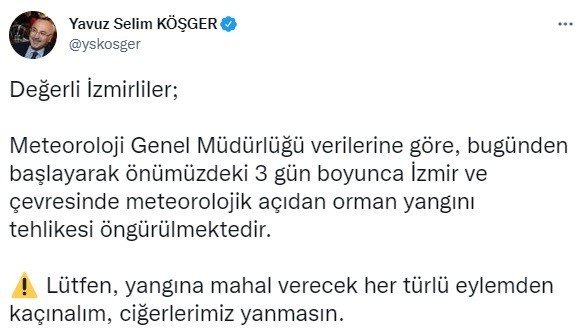 İ̇zmir’de Yangın Uyarısı
