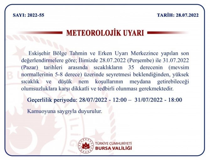 Bursa Valiliği’nden Sıcak Hava Uyarısı