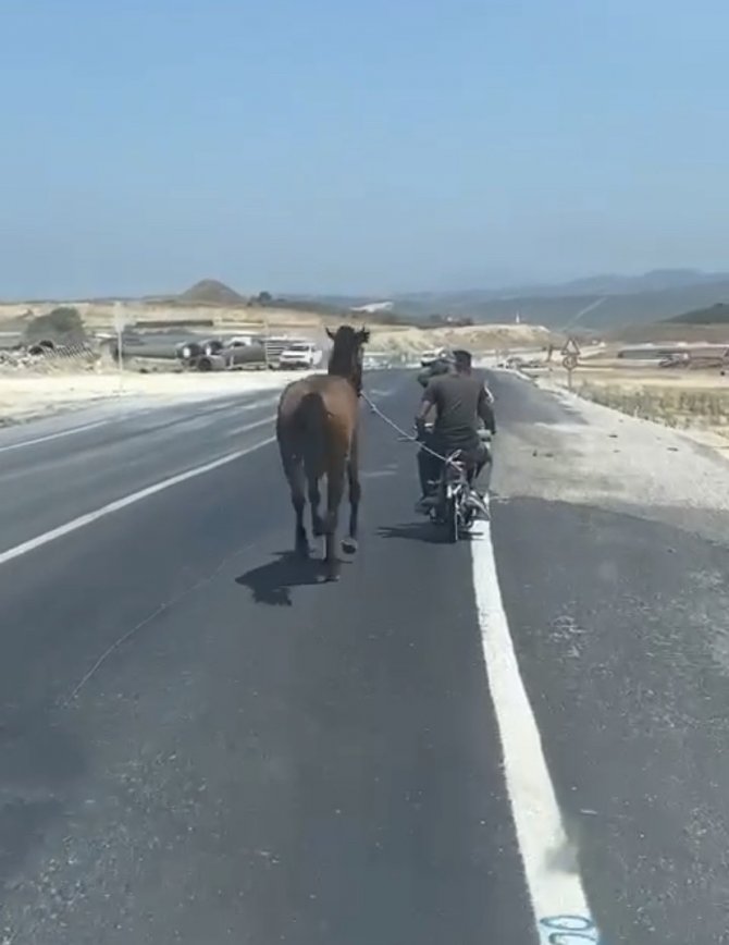 Bursa’da Atı Motosiklete Bağlayarak Götürdü