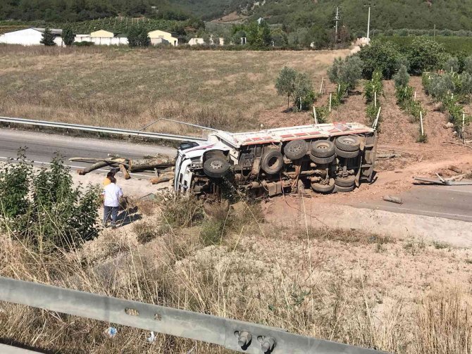 Freni Boşalan Tomruk Yüklü Kamyon Devrildi: 1 Yaralı