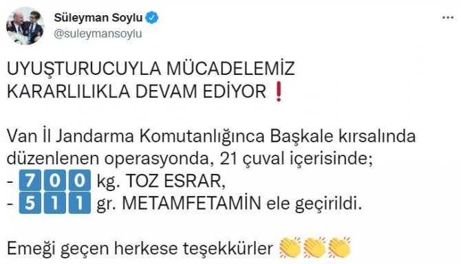 Bakan Soylu Duyurdu: Van’da 700 Kiloyu Aşkın Uyuşturucu Ele Geçirildi