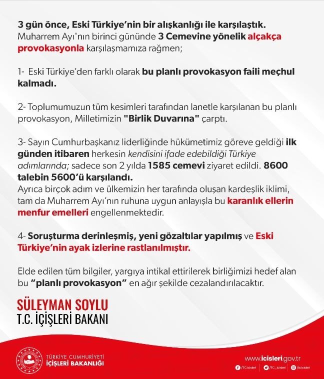 Bakan Soylu: “3 Cemevine Yönelik Alçakça Provokasyona Dair Elde Edilen Tüm Bilgiler, Yargıya İntikal Ettirilerek, Bu ‘Planlı Provokasyon’ En Ağır Şekilde Cezalandırılacaktır”
