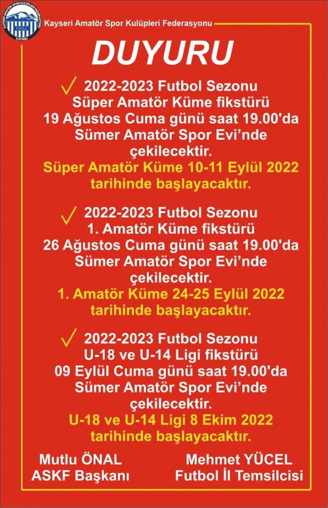 Kayseri Amatör Fikstür Tarihleri Belli Oldu