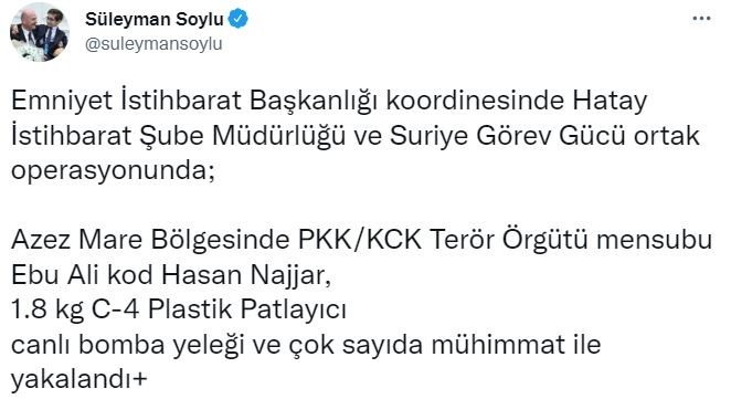 Bakan Soylu Duyurdu: Pkk/kck’lı Hasan Najjar Canlı Bomba Yeleğiyle Yakalandı