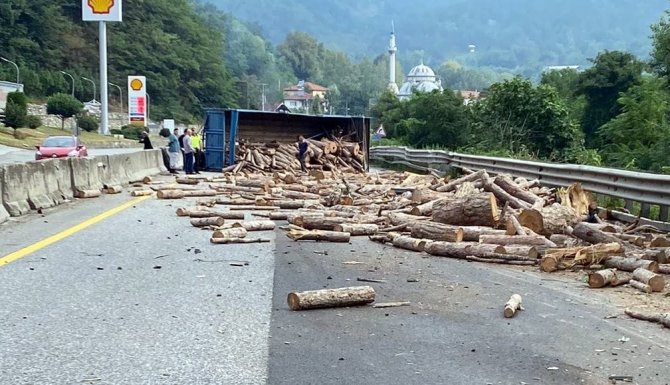 D-650’de Tomruk Yüklü Tır Devrildi, Trafik Durma Noktasına Geldi