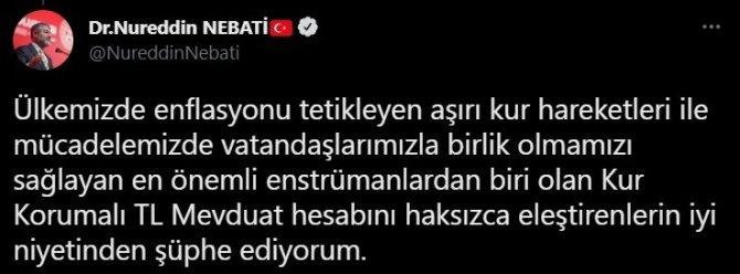 Bakan Nebati: “Kur Korumalı Tl Mevduat Hesabını Haksızca Eleştirenlerin İyi Niyetinden Şüphe Ediyorum”