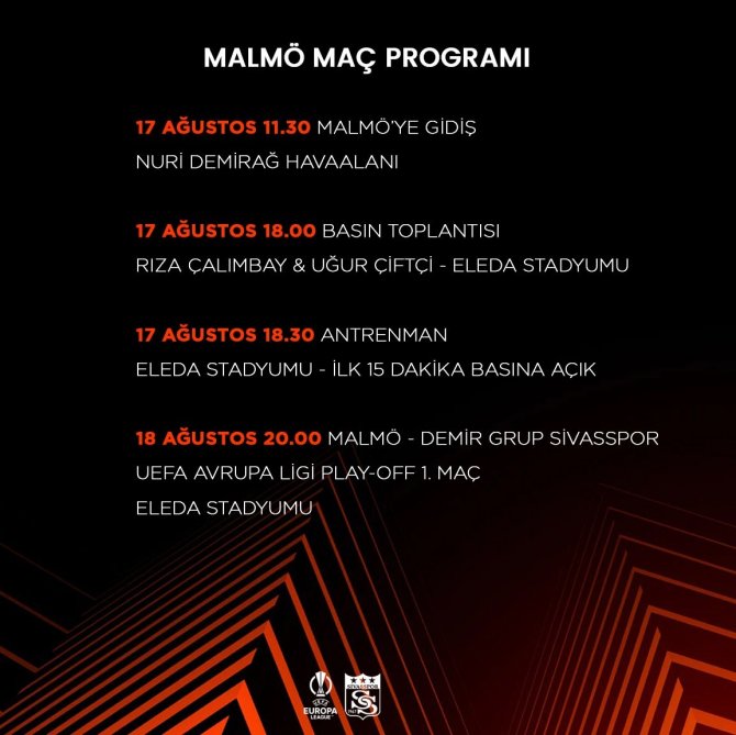 Malmö - Sivasspor Maç Programı Belli Oldu