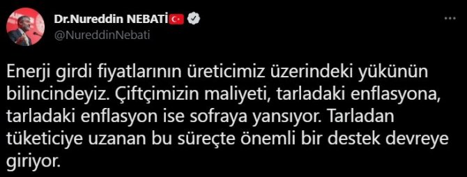 Bakan Nebati: “Tarımsal Elektrik Bedelinin Tamamı 10 Milyon Liraya Kadar Sıfır Faizli Kredi Kapsamına Alındı”