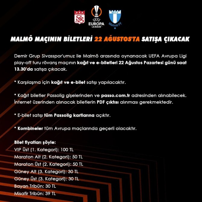 Sivasspor-malmö Maç Biletleri Pazartesi Günü Satış Çıkıyor
