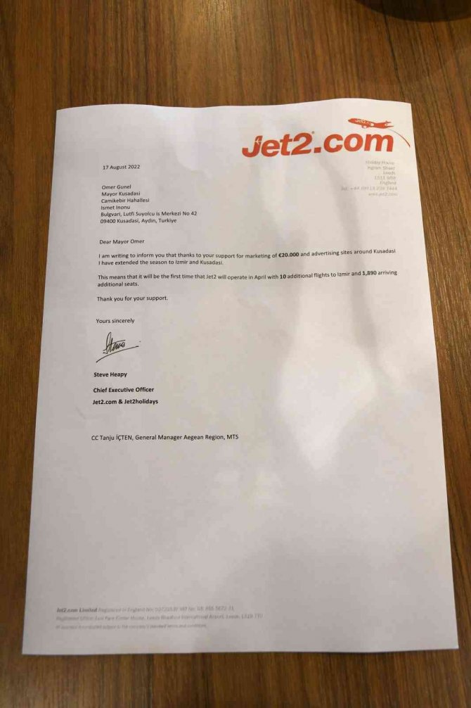 İ̇ngiliz Tur Operatöründen Başkan Ömer Günel’e Teşekkür Mektubu