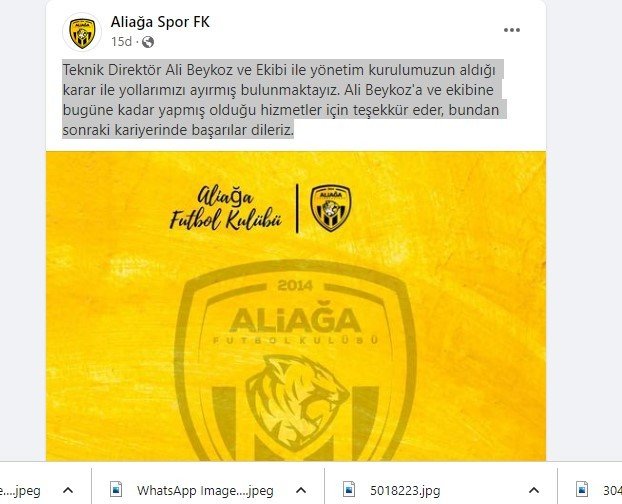 Aliağaspor Fk’de Ali Beykoz Dönemi Sona Erdi