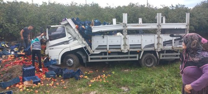 Lastiği Patlayan Sebze Ve Meyve Yüklü Kamyon Kanala Uçtu: 1 Yaralı