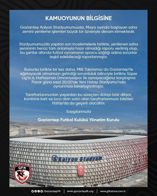 Gaziantep Fk - Ümraniyespor Maçı Hatay’da Oynanacak