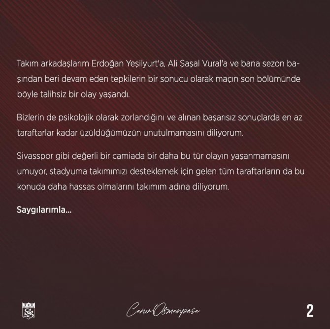 Caner Osmanpaşa, Sivasspor Camiasından Özür Diledi