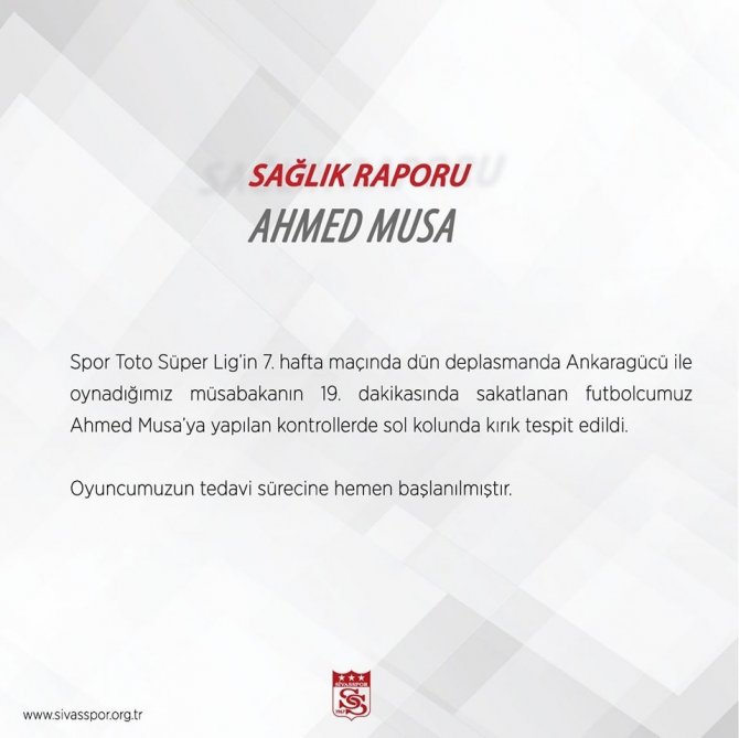 Sivassporlu Futbolcu Ahmed Musa’da Kırık Tespit Edildi