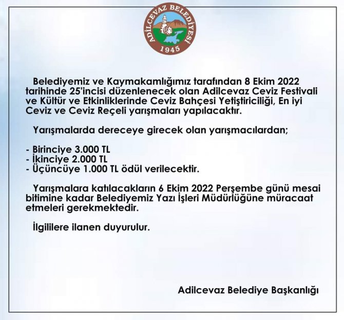 Adilcevaz 25. Ceviz Festivali Ve Kültür Etkinlikleri Düzenlenecek