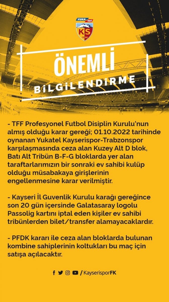 Kayserispor - Galatasaray Maç Biletleri Satışa Çıktı