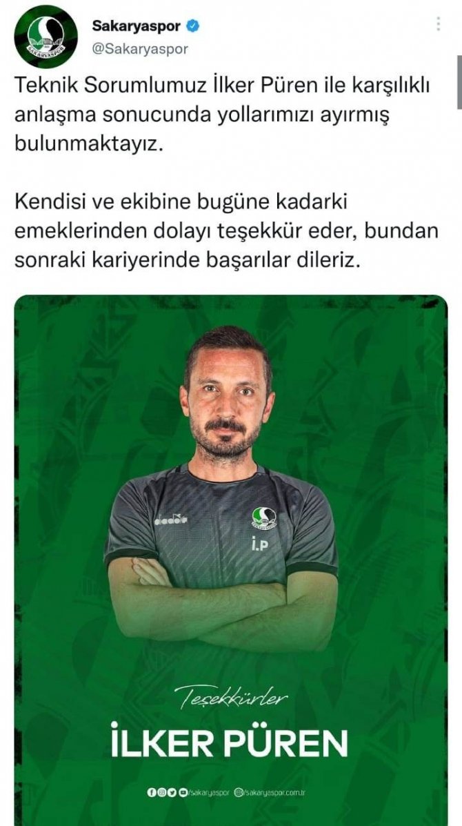 Sakaryaspor, Teknik Adam İ̇lker Püren İle Yollarını Ayırdı