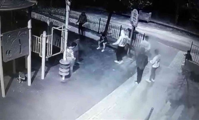 Gençler Parktaki Çöp Kutusunu Yakıp Tekmelediler