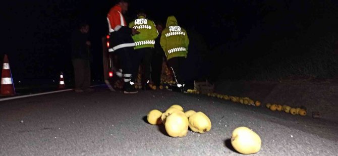 Otoyolda Ayva Yüklü Kamyonet Devrildi