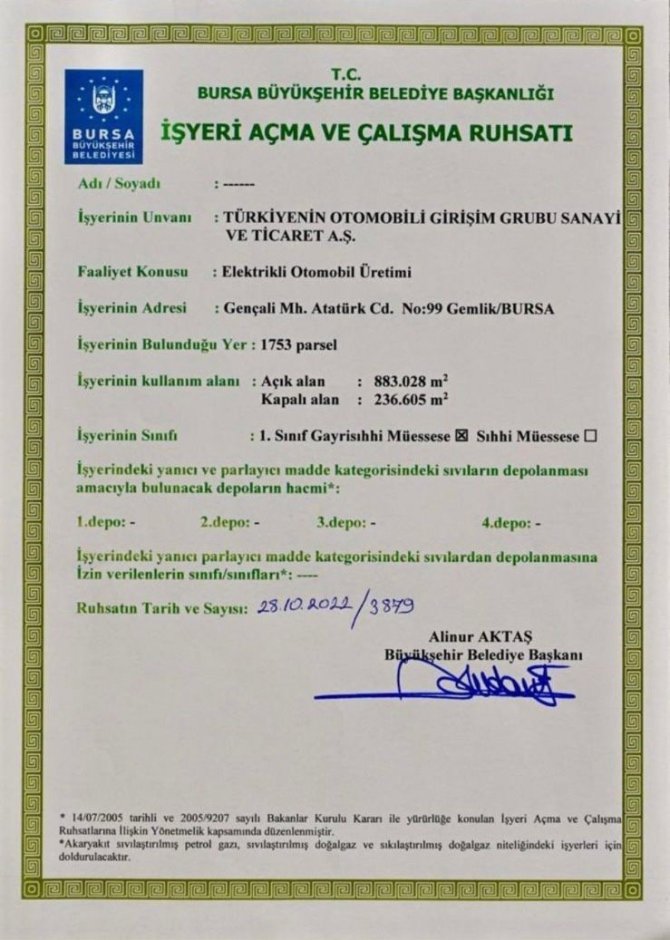 İ̇şte Togg Otomobil Fabrikası’nın Ruhsatı