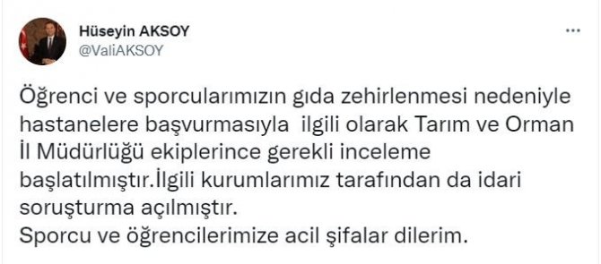 Vali Aksoy’dan, Zehirlenme Vakaları İle İlgili Açıklama Geldi