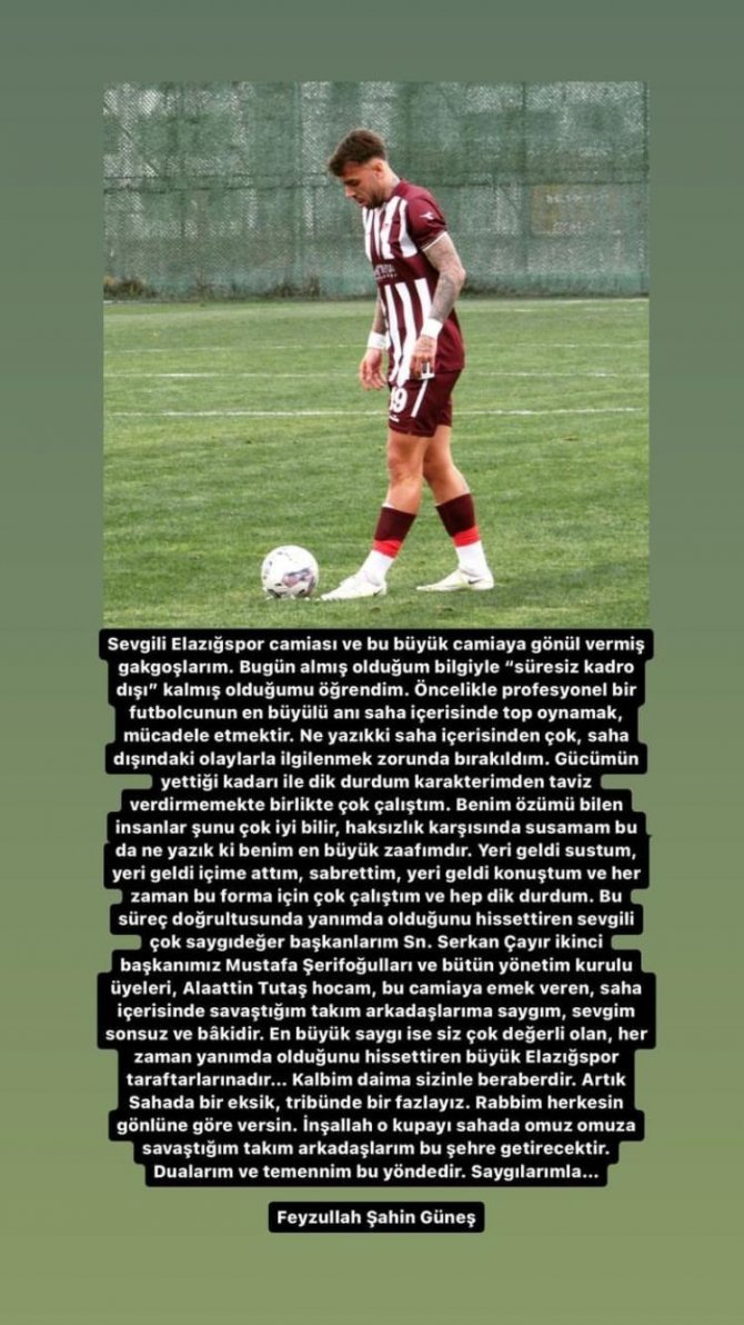 Kadro Dışı Kalan Feyzullah Şahin, Elazığspor’a Veda Etti