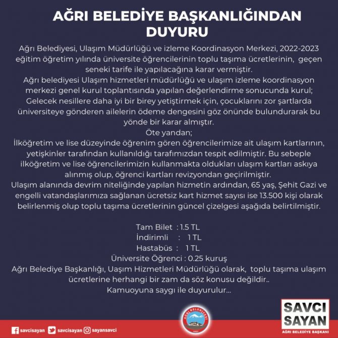 Ağrı’da Öğrenciler 25 Kuruş İle Toplu Taşıma Kullanmaya Devam Edecek