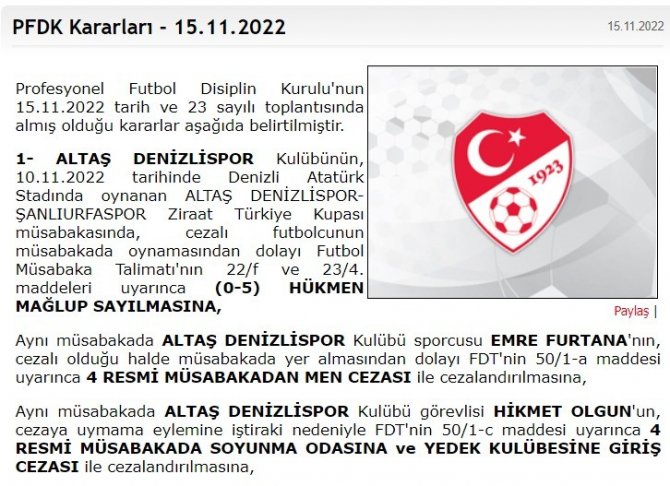 Denizlispor’un Cezası Belli Oldu