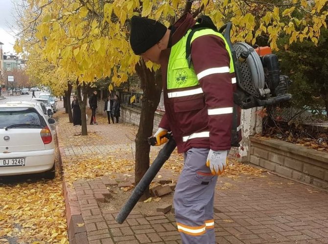 Belediye Ekiplerinden Yaprak Üfleme Makinesi İle Sonbahar Temizliği