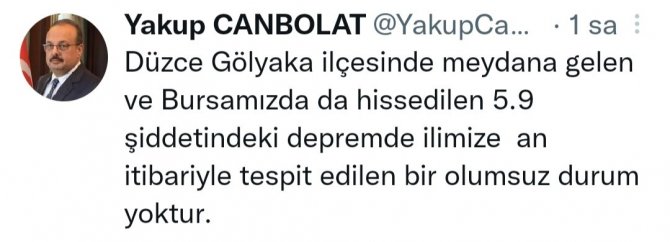 Bursa Valisi Canbolat: "Bursa’mızda Da Hissedilen 5.9 Büyüklüğündeki Depremde Olumsuz Bir Durum Yoktur"