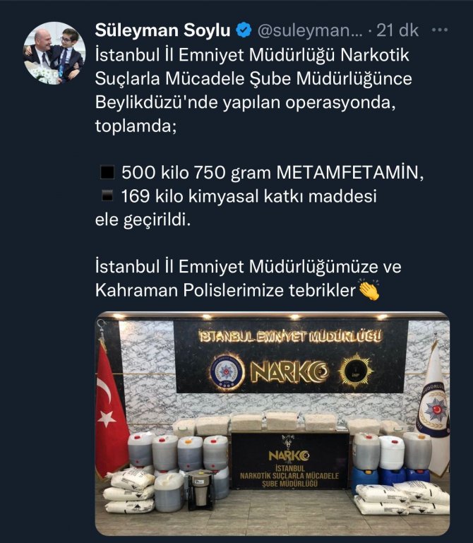 Bakan Soylu, İ̇stanbul’da Yarım Tondan Fazla Metamfetamin Ele Geçirildiğini Açıkladı