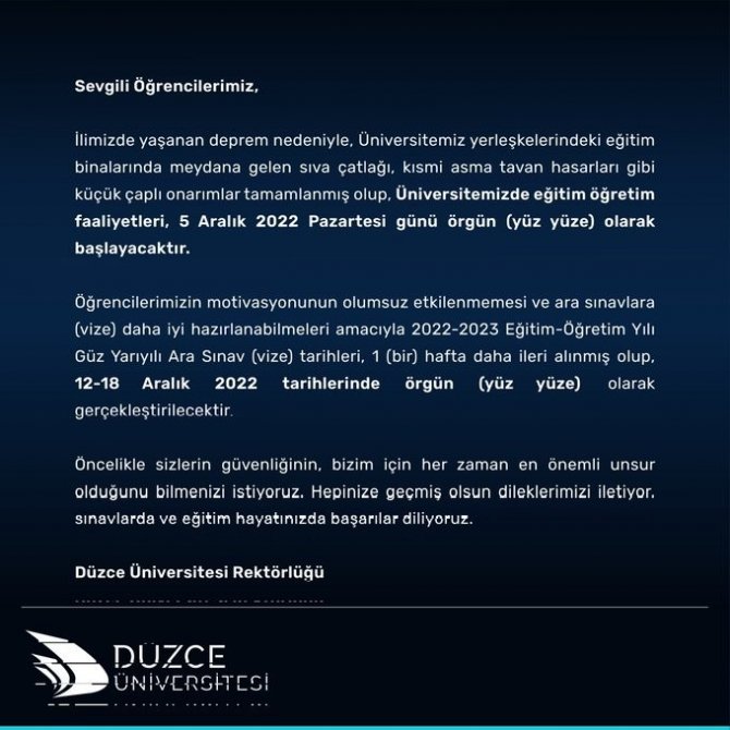 Düzce Üniversitesi’nde Vizeler 1 Hafta Ertelendi