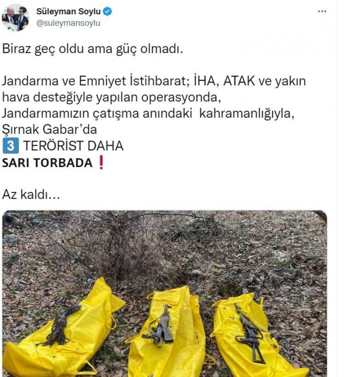 Bakan Soylu Duyurdu: Şırnak’ta 3 Terörist Daha Etkisiz Hale Getirildi