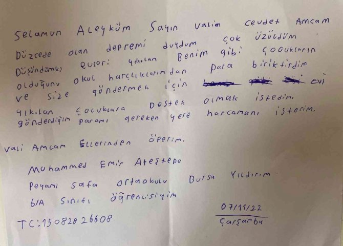 Topladığı Harçlıklarını Düzceli Depremzedelere Yolladı