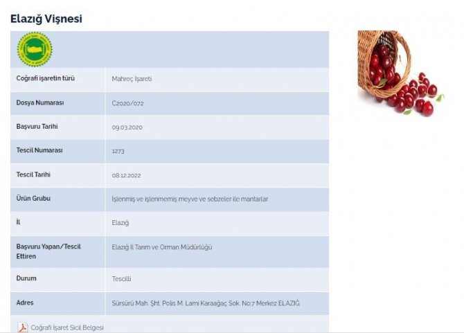 Elazığ Vişnesi Tescillendi