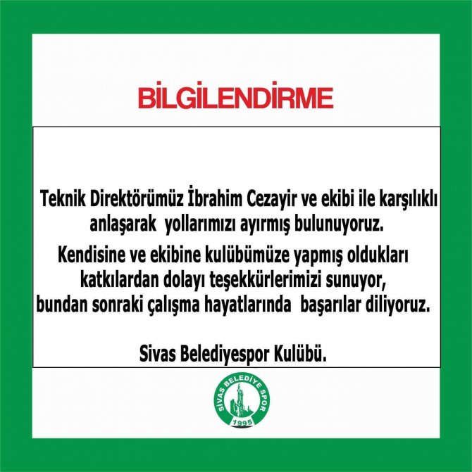 Sivas Belediyespor’da Teknik Direktör İ̇brahim Cezayir İle Yollar Ayrıldı