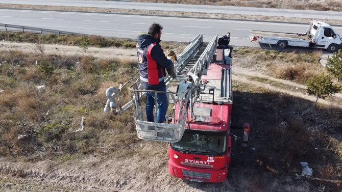 Elektrik Direğinin Tepesinde Mahsur Kalan Kediyi İtfaiye Kurtardı