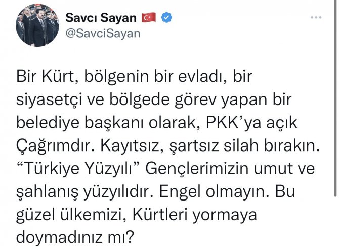 Başkan Sayan’dan Pkk’ya Çağrı: "Silahlarınızı Bırakın"