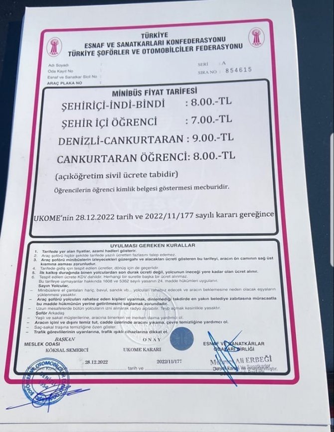 Denizli’de Dolmuş Ücretlerine Zam