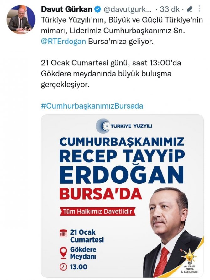 Cumhurbaşkanı Erdoğan Bursa’ya Geliyor