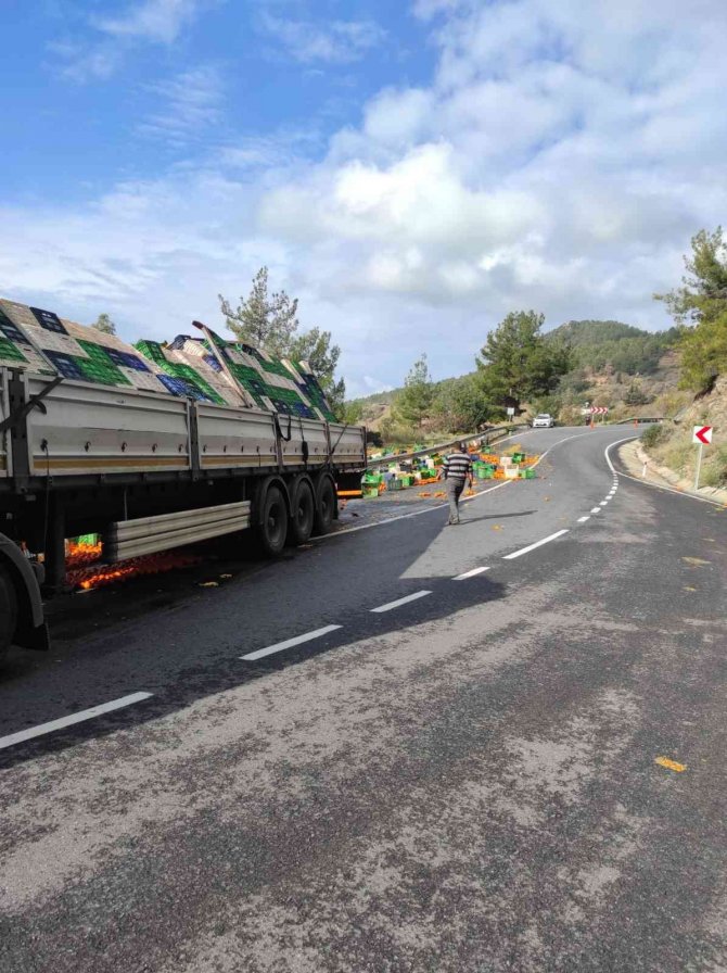 Viraja Hızlı Giren Tırın Dorsesinde Yüklü Bulunan Portakallar Yola Savruldu